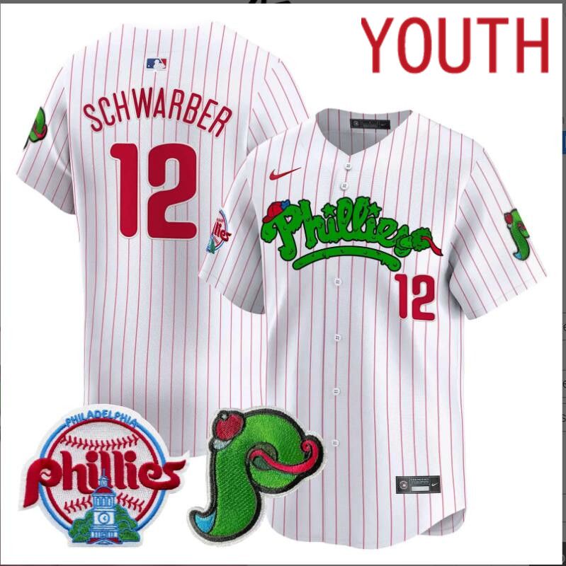 Youth  Philadelphia Phillies #12 Schwarber white with red strips Limited 2024 MLB Nike jersey->youth nfl jersey->Youth Jersey